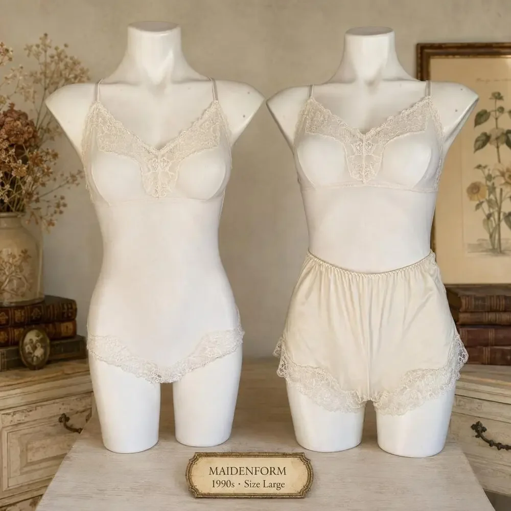 Vintage Maidenform Ivory Lace Teddy Tap Pant Set Nylon 1990 Lingerie Large